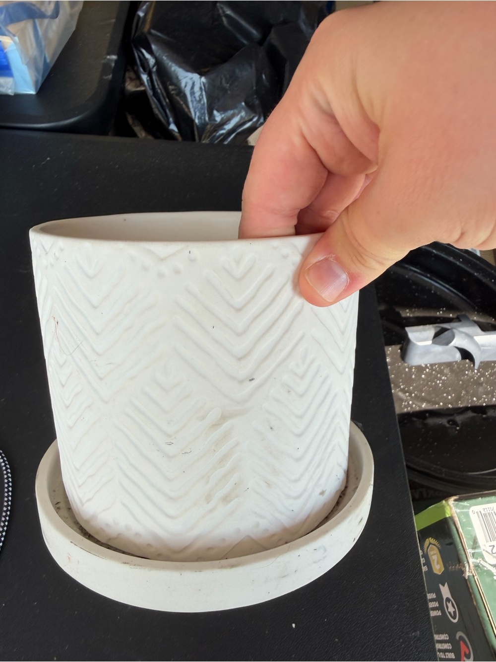 White Textured Ceramic Planter with Saucer